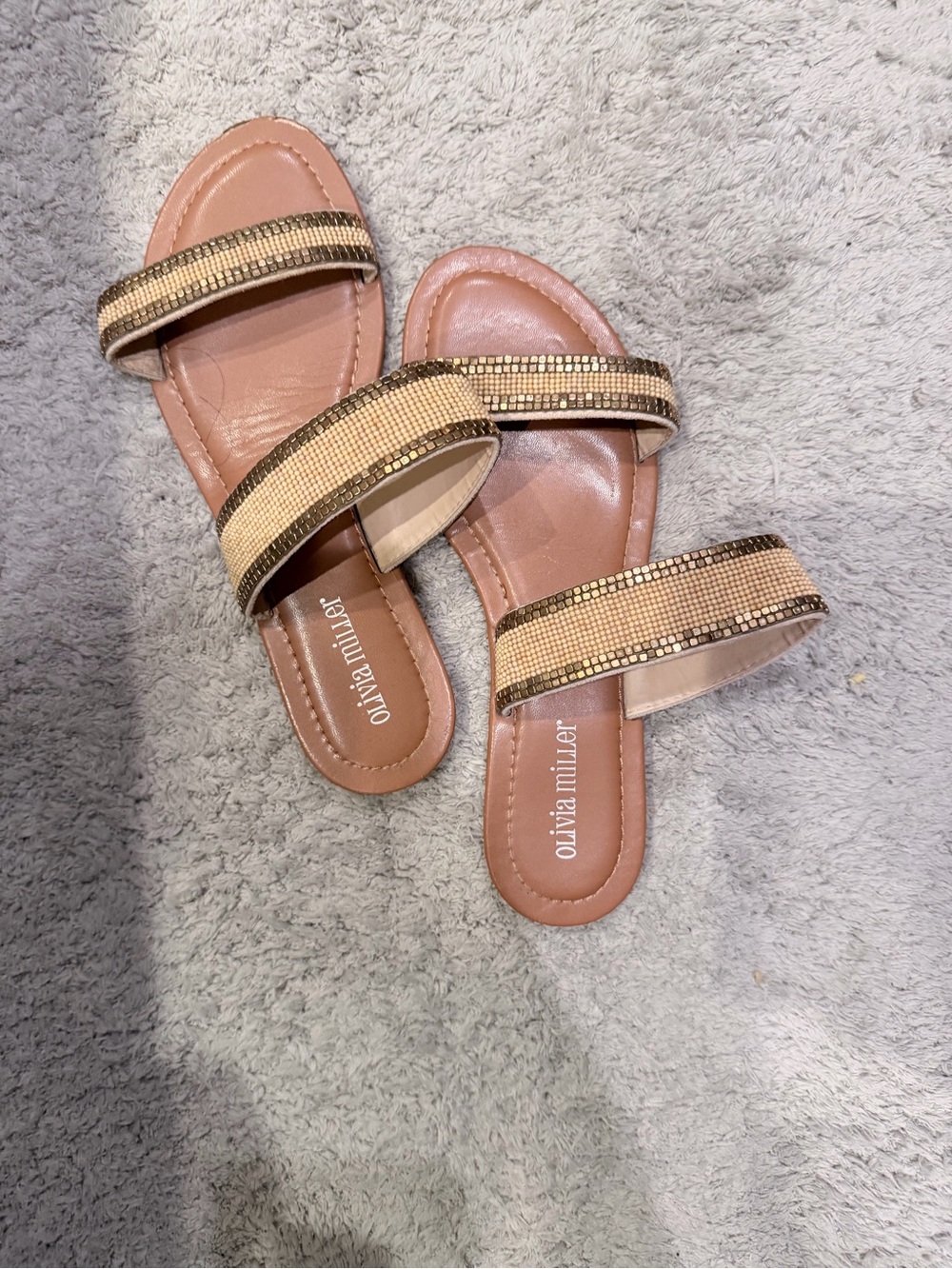 Olivia Miller Beige and Gold Beaded Double-Strap Slide Sandals size 9